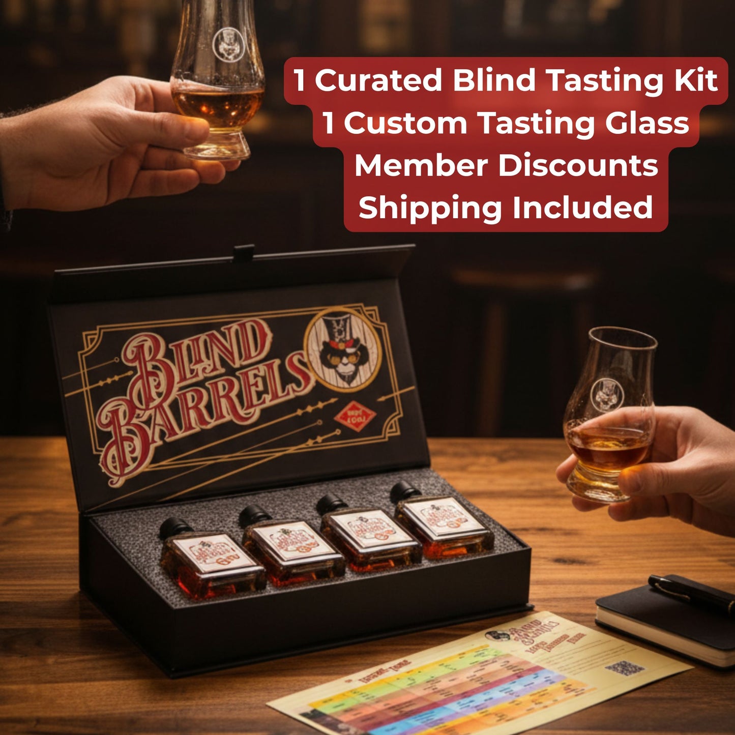 Blind barrels tasting kit with two glasses of alcohol on a wooden table.