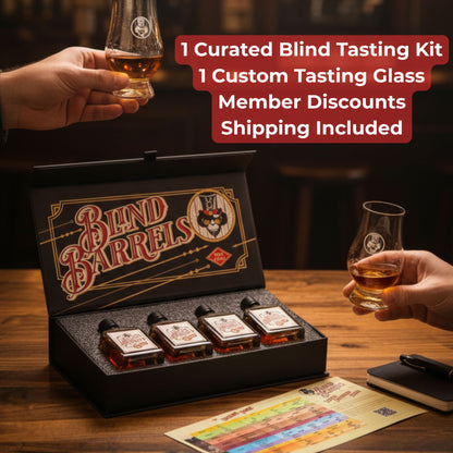 Blind barrels tasting kit with two glasses of alcohol on a wooden table.