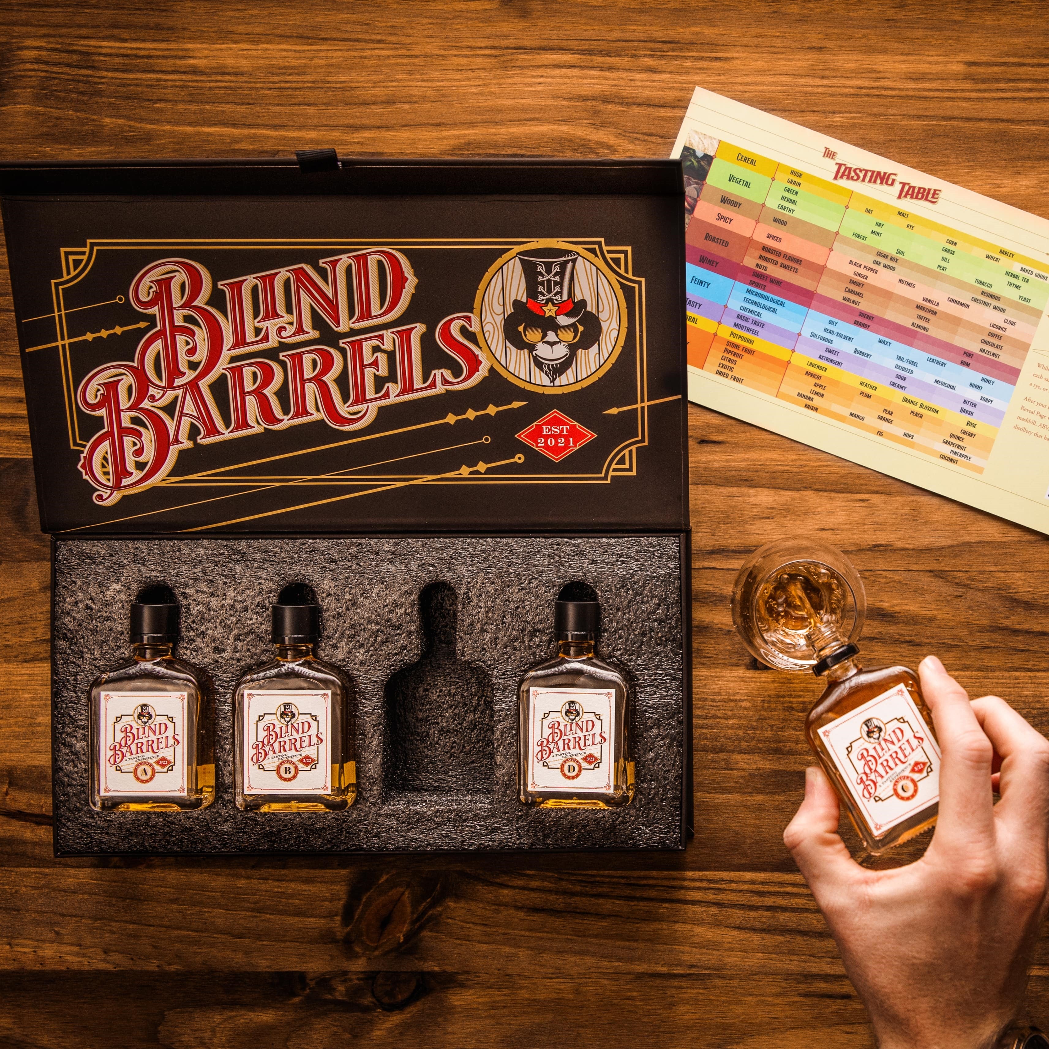 Four bottles of 'Blind Barrels' whiskey in a box on a wooden table with a tasting card and glass.
